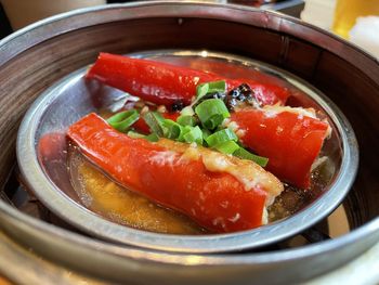 High angle view of salad in bowl on table
