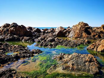 Scenic view of rocks against clear blue sky