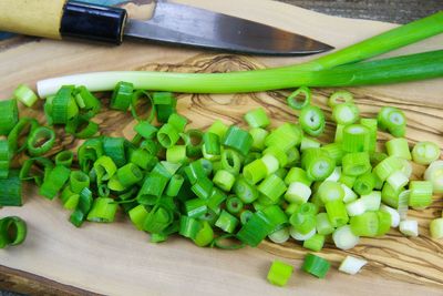 High angle view of chopped vegetables on table