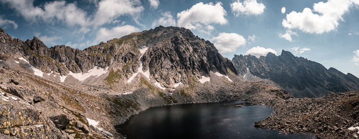 Panoramic view of lake and mountains against sky