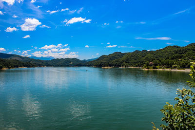 Scenic view of lake against blue sky