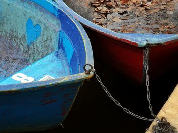 High angle view of boat moored in water