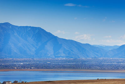 Scenic view of lake by mountains against sky