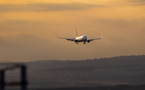 Cropped image of airplane flying against sky during sunset