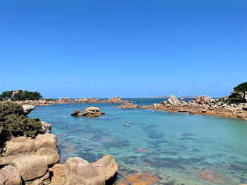 Scenic view of sea against clear blue sky