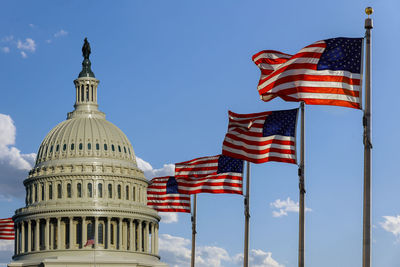 Low angle view of flags against sky