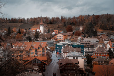 High angle view of townscape against sky