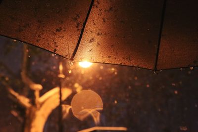 Close-up of wet illuminated street light during rainy season