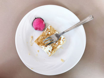 High angle view of cake in plate on table