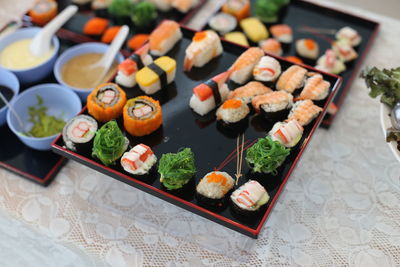 High angle view of sushi on table