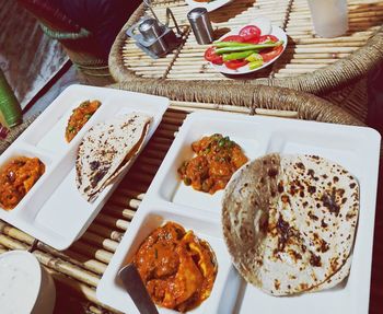 High angle view of meal served on table