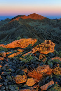 Scenic view of mountains against sky during sunset