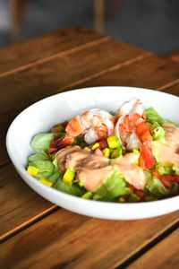 Close-up of salad in bowl on table