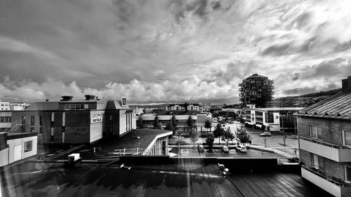 High angle view of buildings against sky