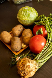 High angle view of vegetables on table