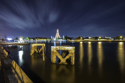 Illuminated cityscape with waterfront at dusk