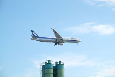 Low angle view of airplane flying against sky