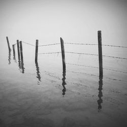 Reflection of wooden posts in water