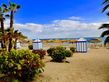 Built structure on beach by palm trees against blue sky