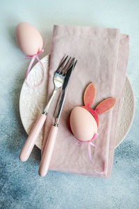 High angle view of eggs on table