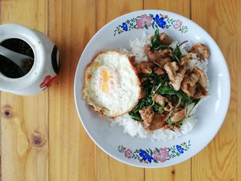 High angle view of breakfast served on table