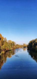 Scenic view of lake against clear blue sky