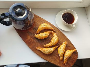 High angle view of breakfast on table