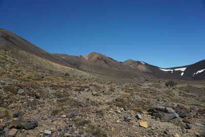 Scenic view of mountains against clear blue sky