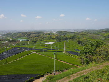 High angle view of agricultural field against sky