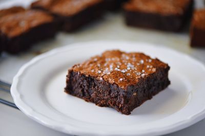 Close-up of chocolate cake in plate