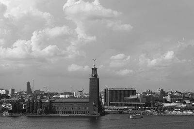 View of buildings in city against cloudy sky