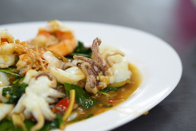 Close-up of noodles served in plate