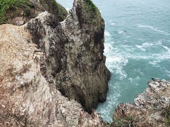 High angle view of rocks on sea shore