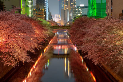 Illuminated canal amidst buildings in city at night