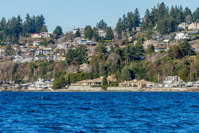 Scenic view of sea and buildings against sky