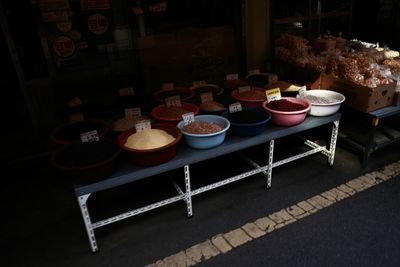 High angle view of chairs and table at store