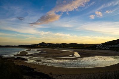 Scenic view of beach against sky during sunset