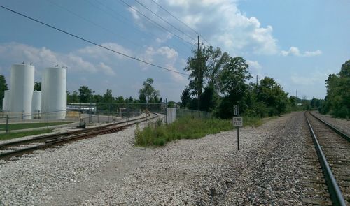 Railroad track against cloudy sky
