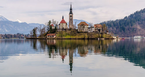 Reflection of building in lake