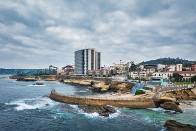 View of the children's pool and sea wall in la jolla, california, drone photo