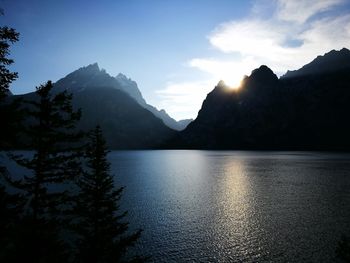 Scenic view of mountains and river against sky