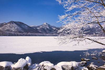 Snowy scenery of lake kussharo in winter