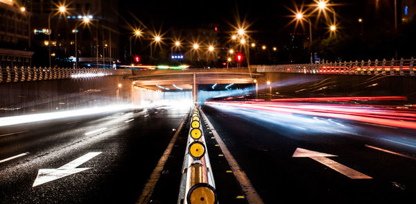 Light trails on road at night