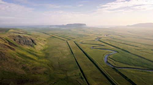 High angle view of agricultural field against sky