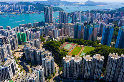 High angle view of modern buildings in city