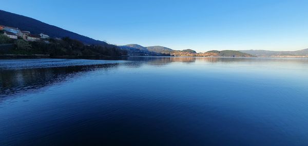 Scenic view of lake against clear blue sky