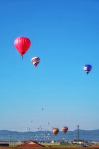 Low angle view of hot air balloon against clear blue sky