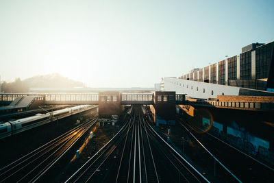 High angle view of railway tracks against clear sky