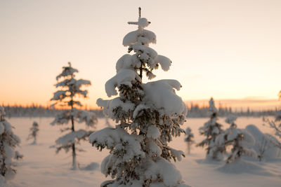 Snow covered land against clear sky during sunset