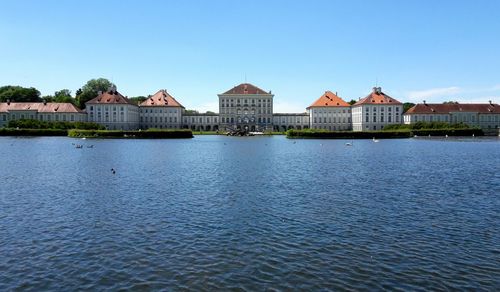 River by buildings against sky